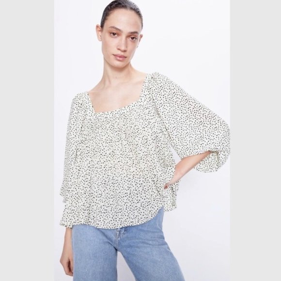 Zara Pleated Square Neck Puff Sleeve Blouse S - Picture 1 of 7